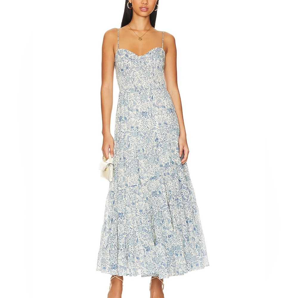 Free People NWT Sundrenched Floral Smocked Bodice Maxi Sundress blue combo M